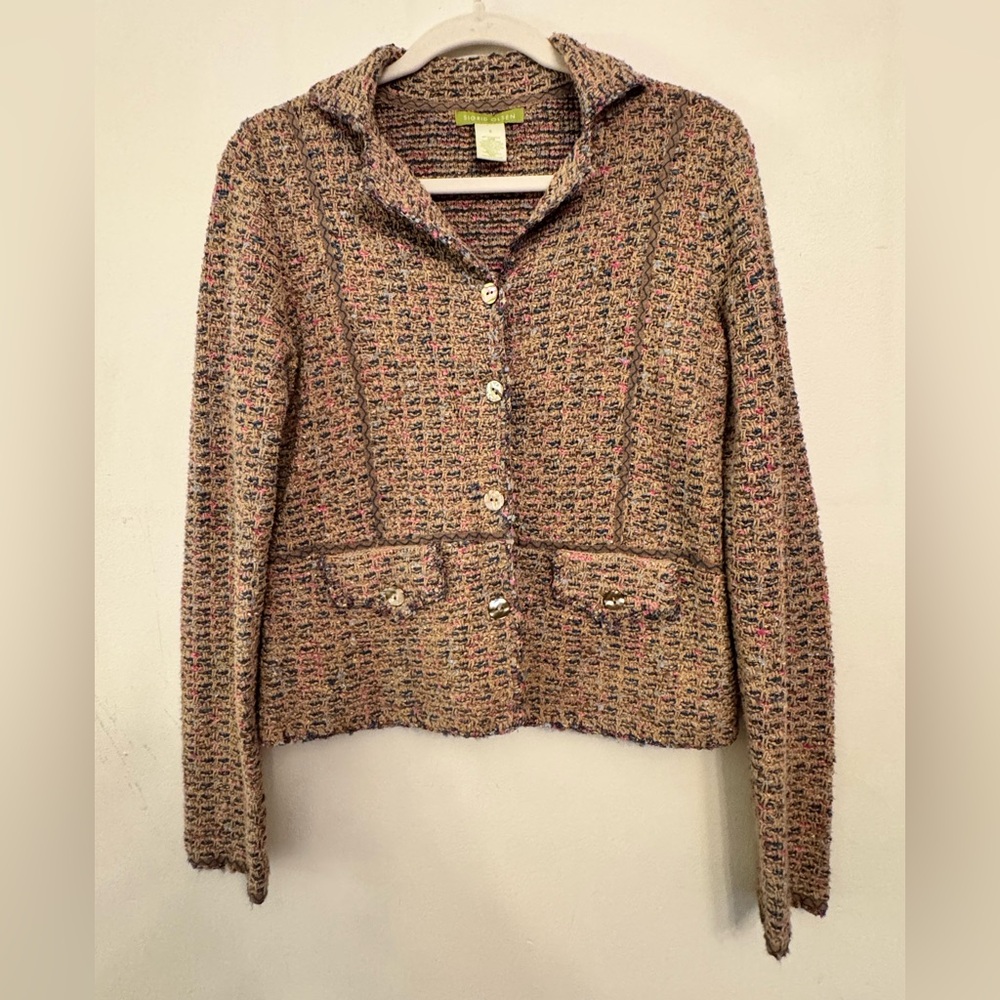 Sigrid Olsen Tweed Sweater Jacket with Mother of Pearl Button. Classic. Size S